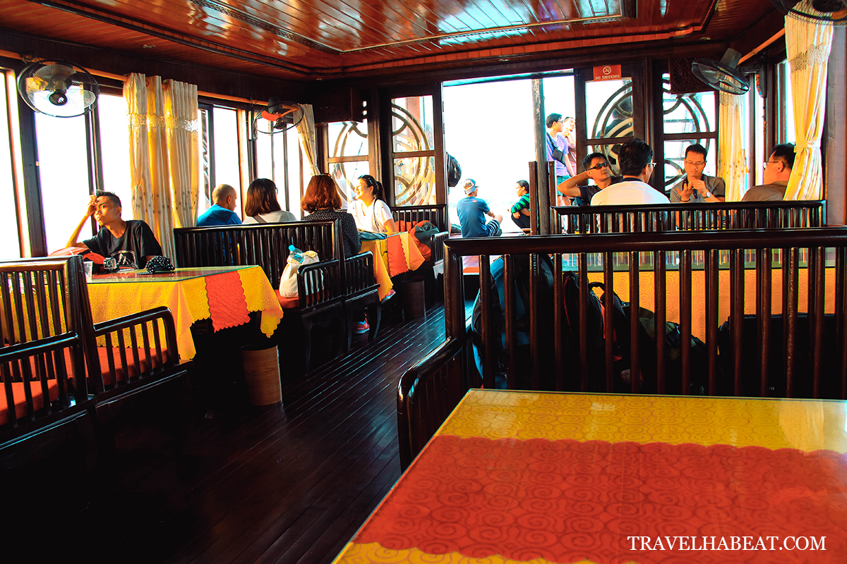Inside the wooden boat.