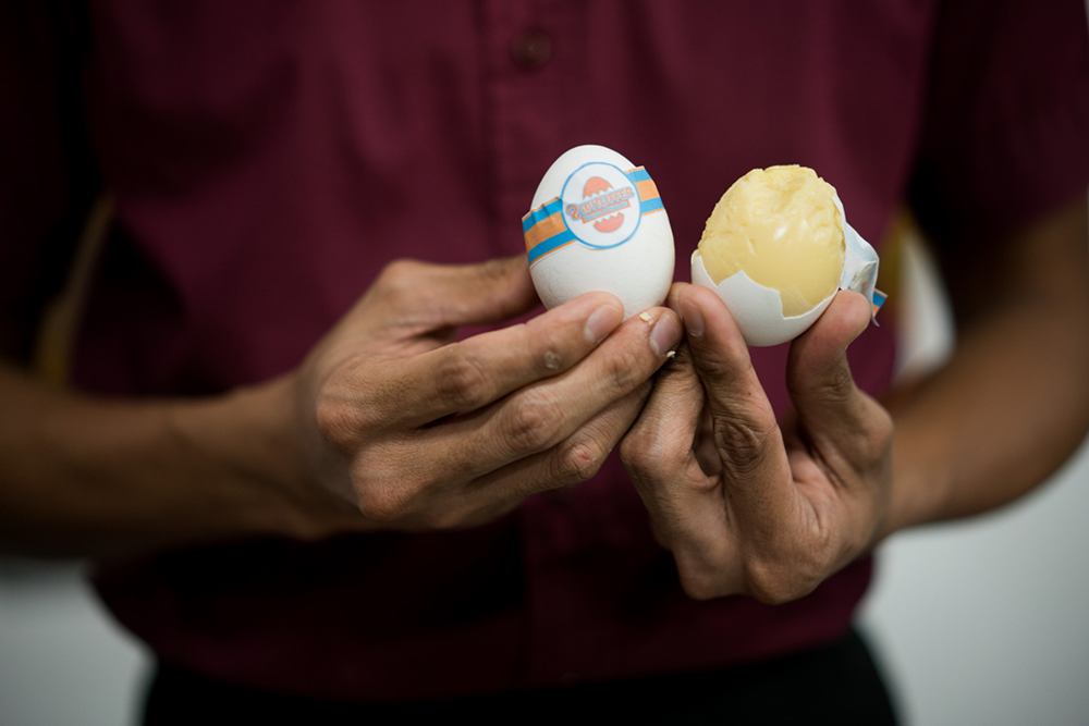 Leche flan on eggshell.